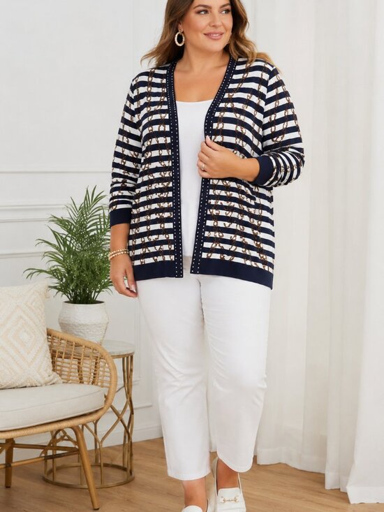 Rafaella Sweaters - RAFAELLA Nautical Chain Anchor Cardigan 2X Coastal Quiet Luxury